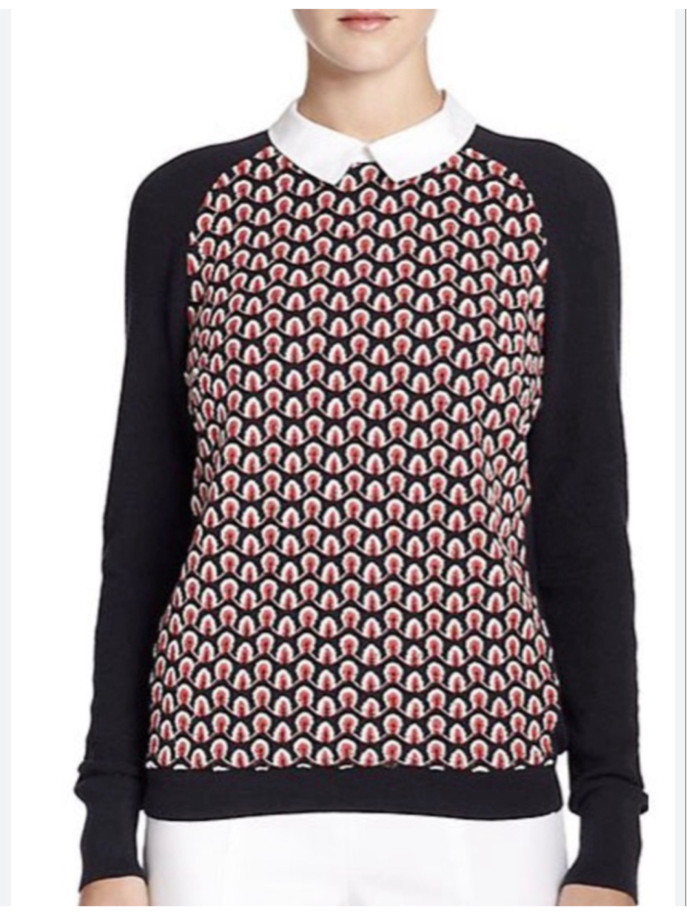 Tory Burch Navy Red Patterned Crew Neck Sweater M